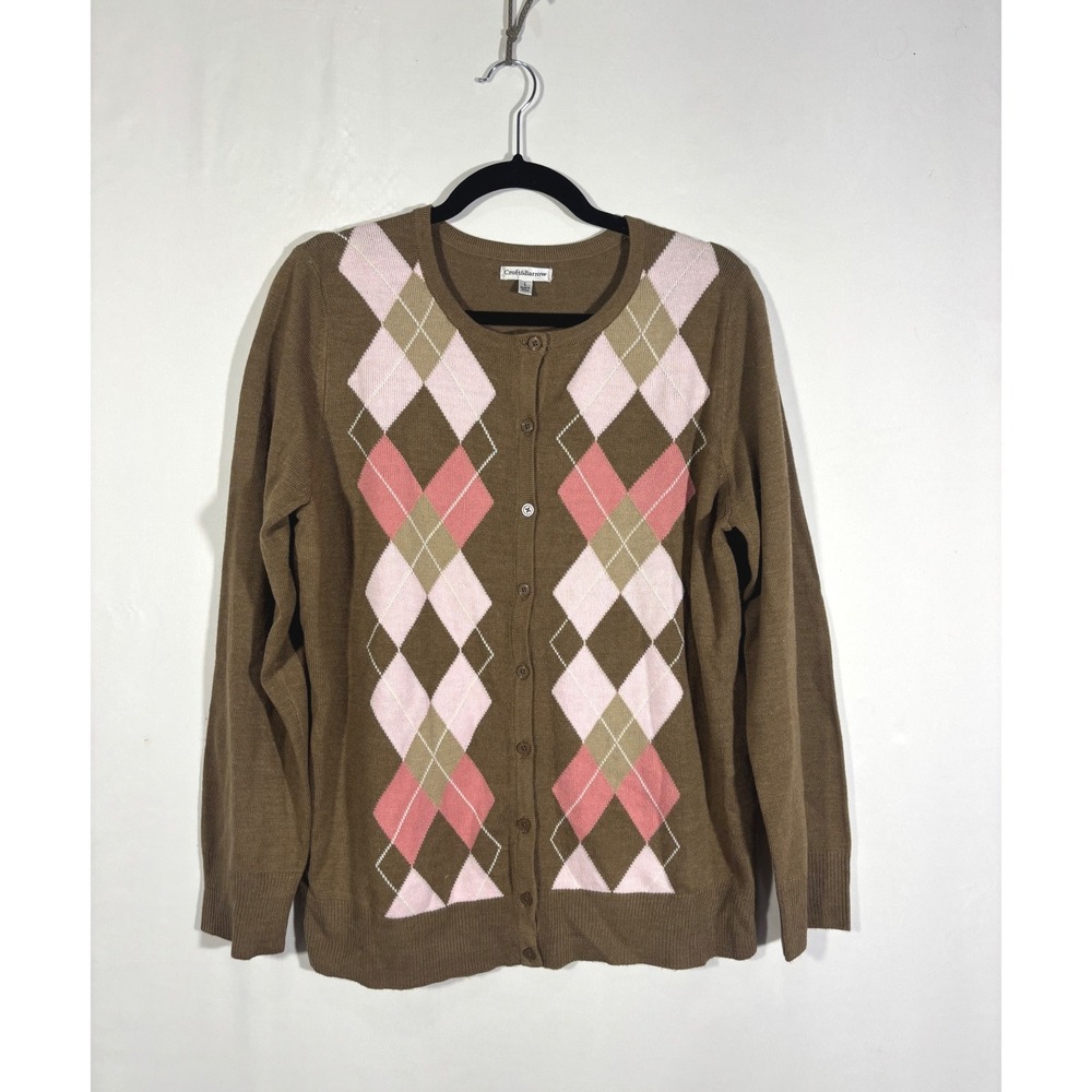 Preppy Dark Academia Croft & Barrow Women Large Brown Pink Argyle Cardigan